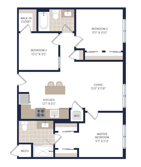 Floor plan for 3 beds, 2 baths, 970 sqft